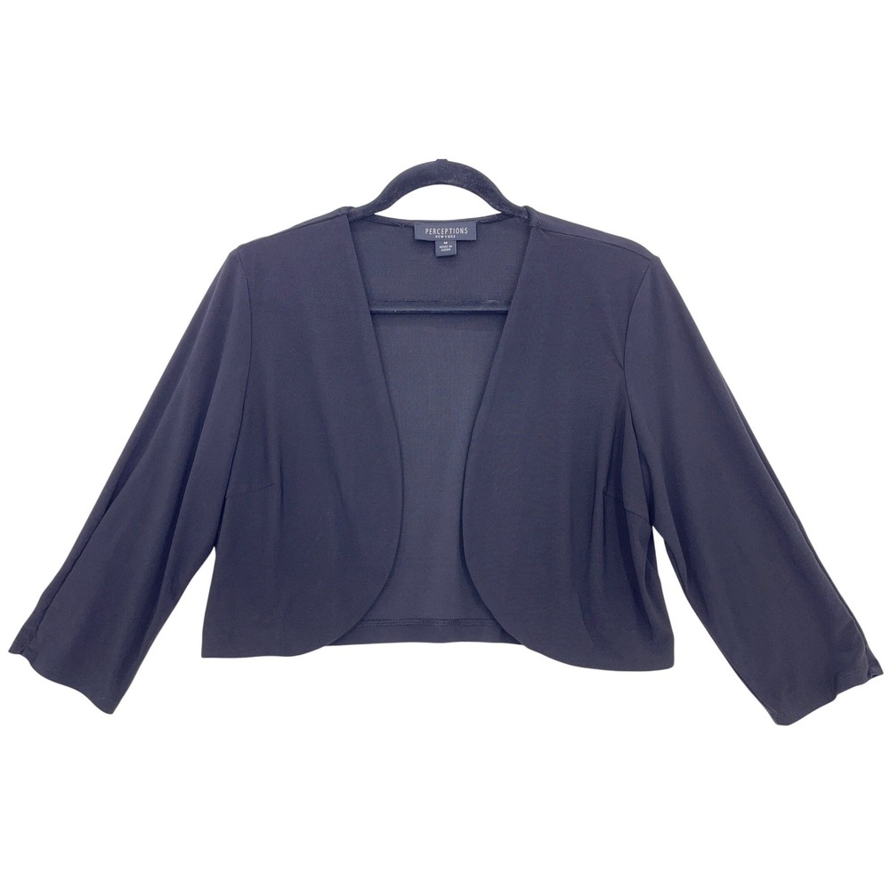 Perceptions Black Bolero Shrug M Open Front Cropped 3/4 Sleeve Knit Cardigan